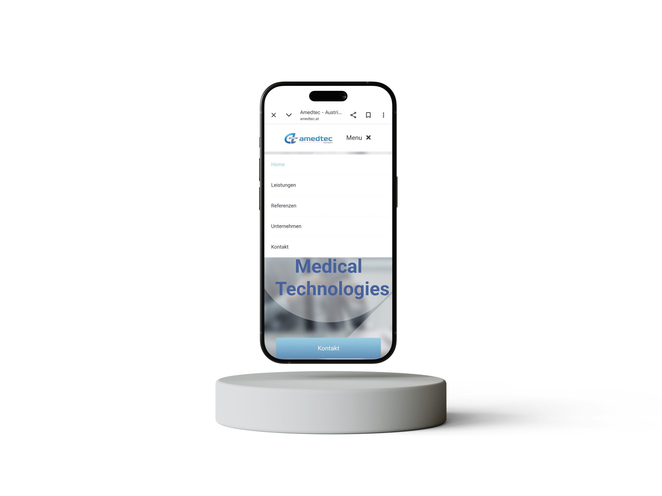 Hambuergermenü der Amedtec-Website auf einem Smartphone.