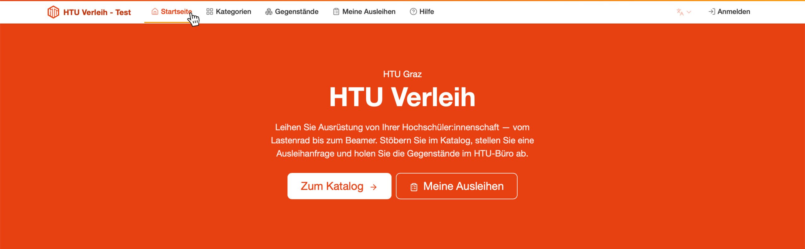 Landing Page der HTU Verleihplattform basierend auf dem Produkt ECOBASE.