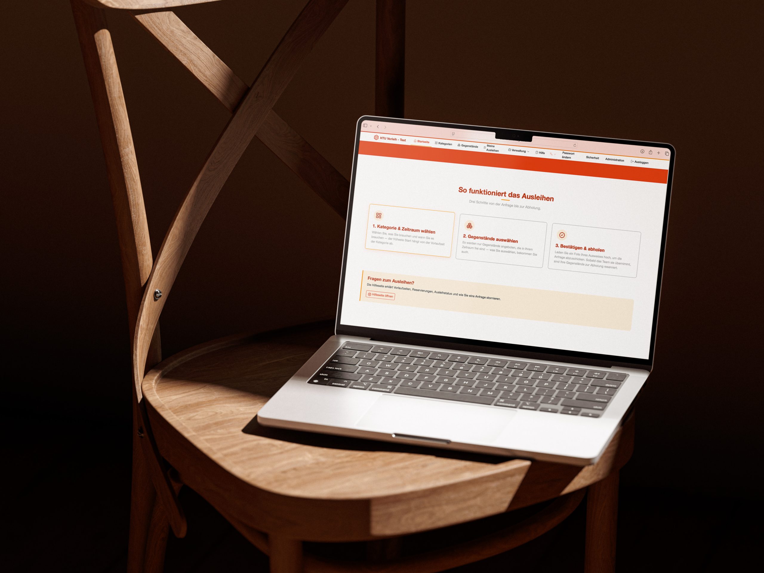 Desktopansicht der HTU Verleihplattform am Laptop.