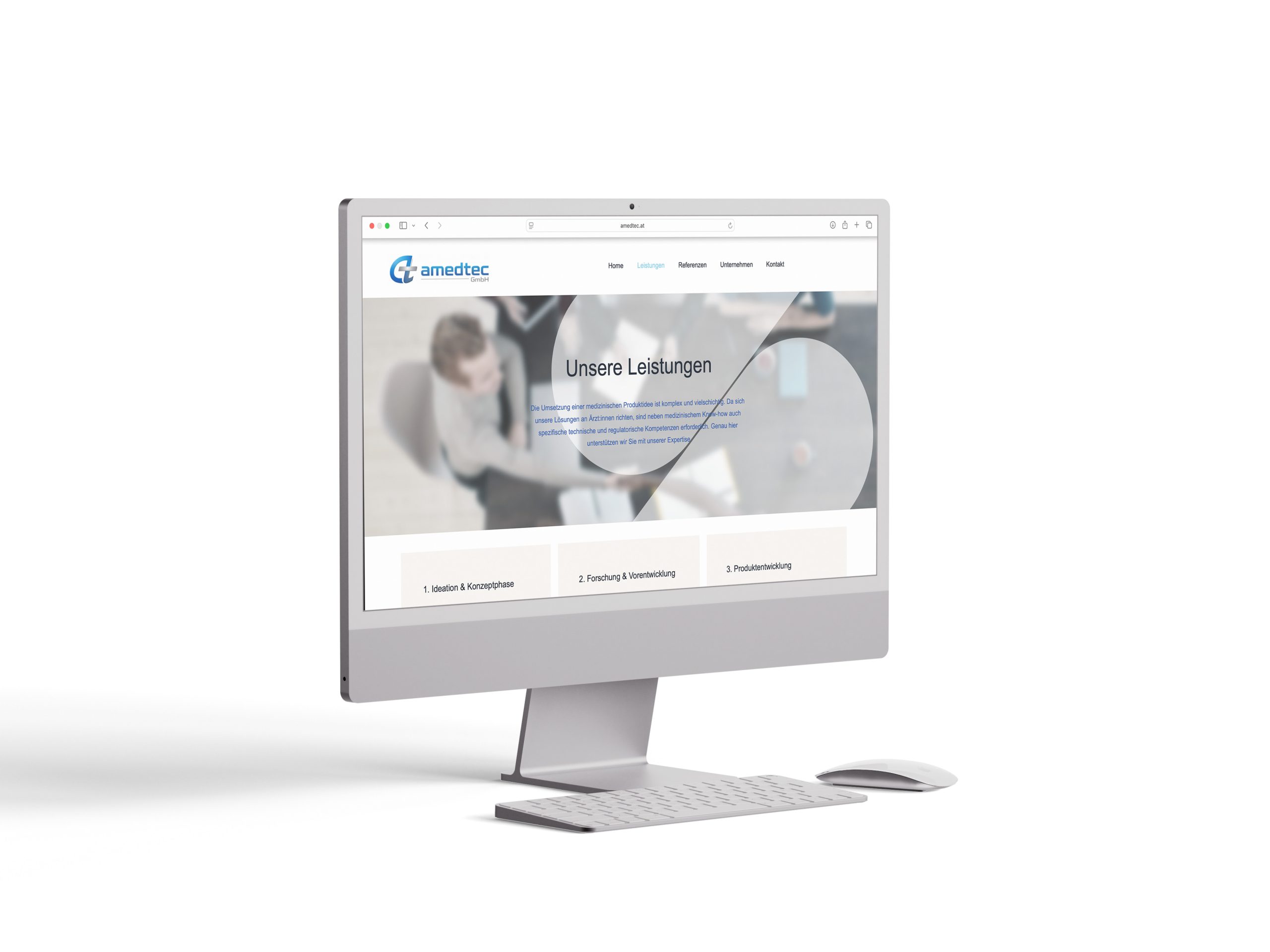 Desktopansicht der Leistungsübersicht von Amedtec GmbH.