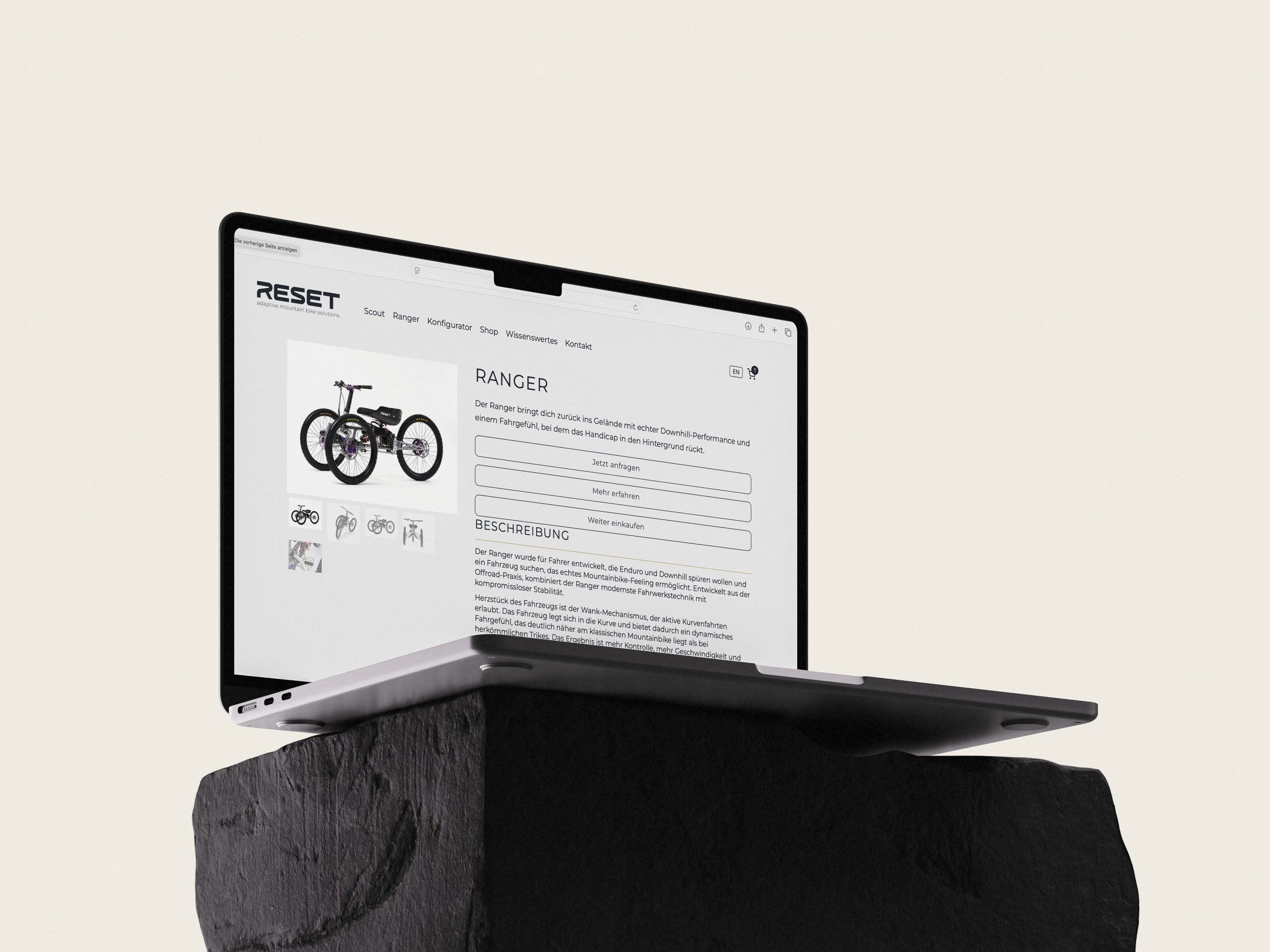 Der E-Commerce-Shop der RESET-Website hat in der Produktdetailansicht eine Produktgalerie und Beschreibung des Produkts.